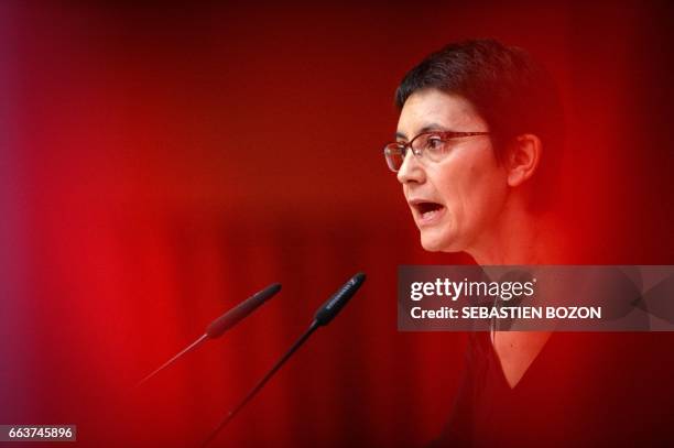 French presidential election candidate for the far-left party Lutte Ouvriere Nathalie Arthaud gives a speech during a campaign meeting on April 2,...