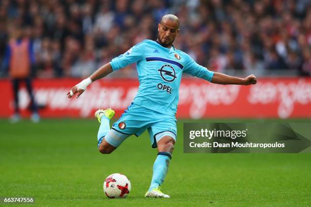 Karim El Ahmadi of Feyenoord Rotterdam shoots on goal during the Dutch Eredivisie match between Ajax Amsterdam and Feyenoord at Amsterdam ArenA on...