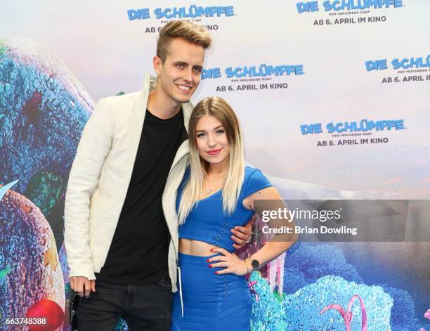 Bianca "Bibi" Heinicke and Julian Classen arrives at the "Die Schluempfe - Das verlorene Dorf' Berlin premiere at Sony Centre on April 2, 2017 in...