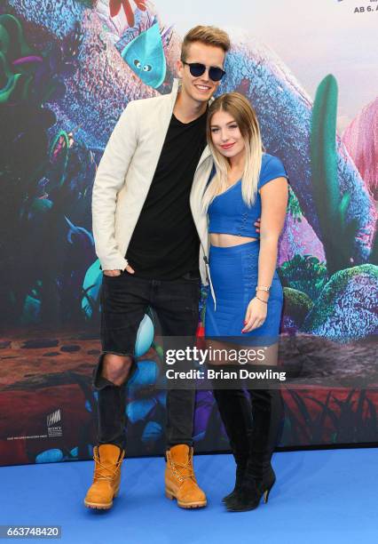 Bianca "Bibi" Heinicke and Julian Classen arrives at the "Die Schluempfe - Das verlorene Dorf' Berlin premiere at Sony Centre on April 2, 2017 in...