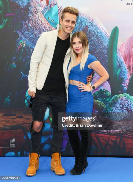 Bianca "Bibi" Heinicke and Julian Classen arrives at the "Die Schluempfe - Das verlorene Dorf' Berlin premiere at Sony Centre on April 2, 2017 in...