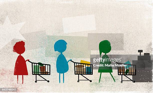 stockillustraties, clipart, cartoons en iconen met women standing in row with shopping carts at supermarket - checkout