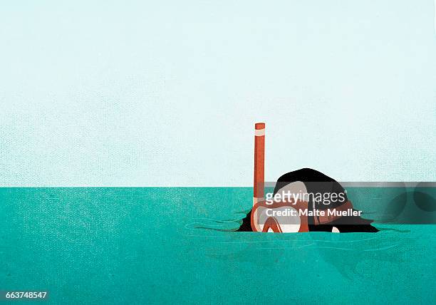 illustrations, cliparts, dessins animés et icônes de person snorkeling in sea against clear sky - waterfront