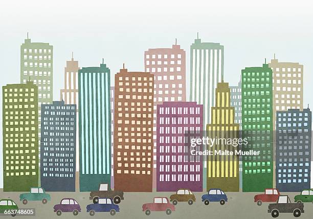 cars moving on road by buildings in city - bankenviertel stock-grafiken, -clipart, -cartoons und -symbole