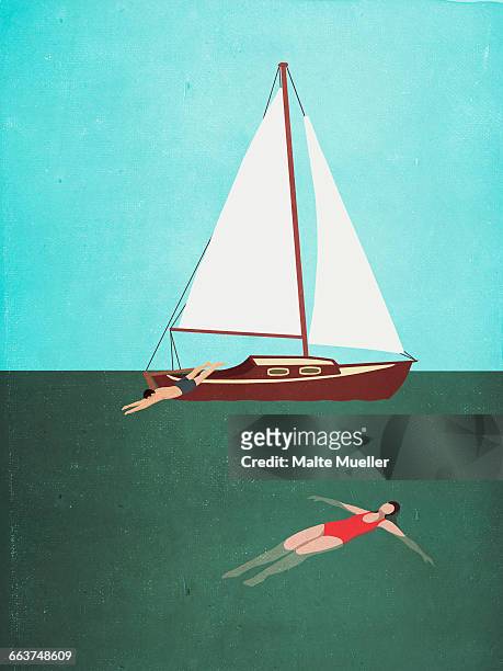 man and woman swimming in sea by boat against clear sky - clear water stock illustrations