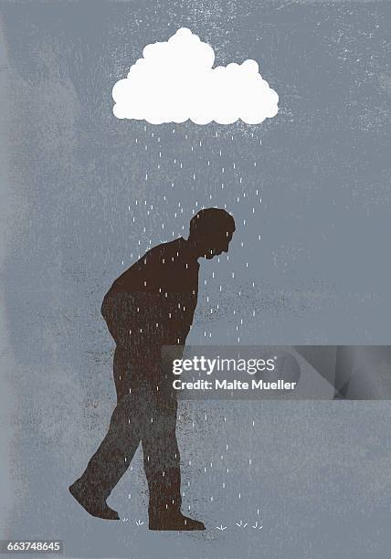 ilustraciones, imágenes clip art, dibujos animados e iconos de stock de rainfall over sad man against gray background - depresión