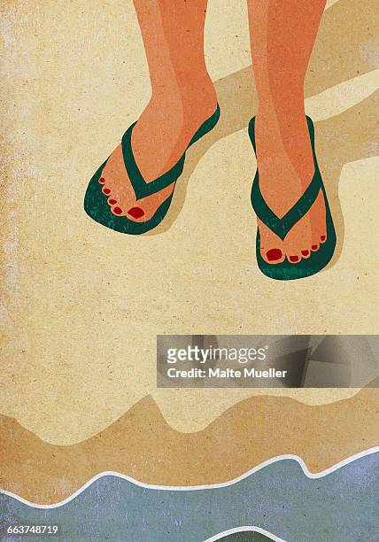 low section of woman wearing slippers standing at sea shore - slipper stock illustrations