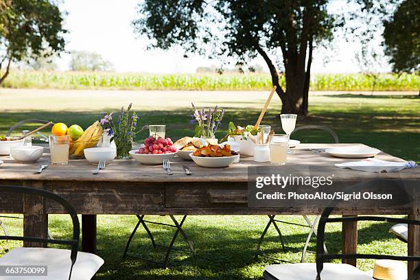 table set for outdoor meal - fruit and vegetables salad stock pictures, royalty-free photos & images