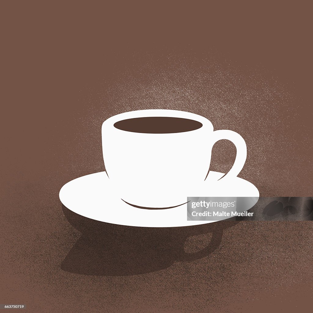 Digital Composite image of coffee cup with saucer against brown background