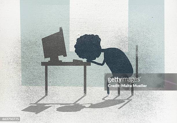 ilustrações, clipart, desenhos animados e ícones de illustration of businesswoman sleeping at desk in office - overworked