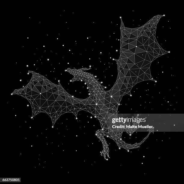 digital composite image of constellation forming dragon with fanned out against black background - constellation stock-grafiken, -clipart, -cartoons und -symbole