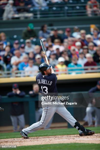 Chris Colabello of the Cleveland Indians bats during the game against the Oakland Athletics at Hohokam Stadium on February 28, 2017 in Mesa, Arizona.