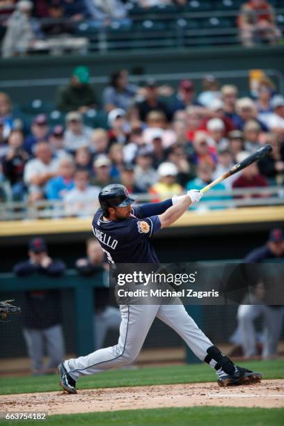 Chris Colabello of the Cleveland Indians bats during the game against the Oakland Athletics at Hohokam Stadium on February 28, 2017 in Mesa, Arizona.