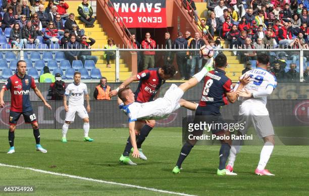 Andrea Conti of Atalanta scores a goal during the Serie A match between Genoa CFC and Atalanta BC at Stadio Luigi Ferraris on April 2, 2017 in Genoa,...