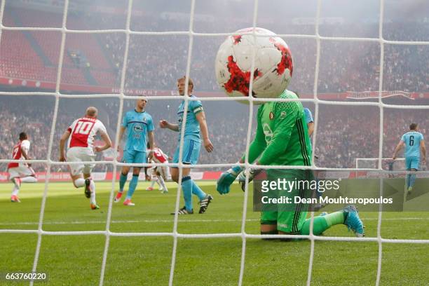 Goalkeeper, Brad Jones of Feyenoord Rotterdam looks dejected after Lasse Schone of Ajax takes and scores a free kick during the Dutch Eredivisie...