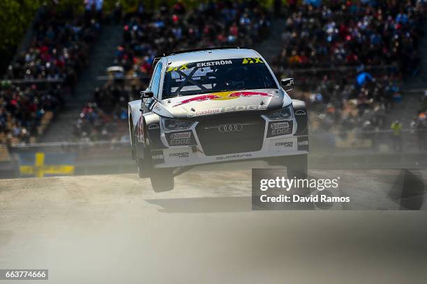 Mattias Ekstrom of Sweden driving to win the Mattias Ekstrom of Sweden driving the Audi S1 EKS RX quattro EKS Team during the final of the FIA World...