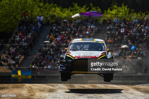 Timo Scheider of Germany driving the Ford Fiesta RX Supercar MJP Racing Team Austria during the final of the FIA World Rallycross Championship of...