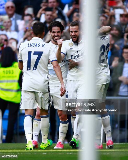 Nacho Fernandez celebrates scoring their third goal with teammates Danilo Luiz da Silva , Francisco Roman Alarcon alias Isco and Lucas Vazquez during...