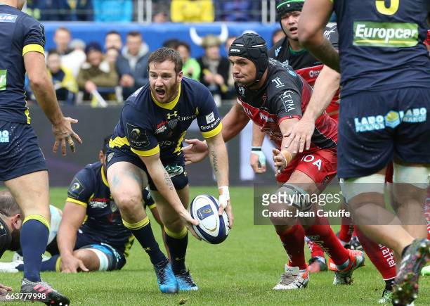 Camille Lopez of ASM Clermont, Juandre Kruger of RC Toulon in action during the European Rugby Champions Cup quarter final match between ASM Clermont...