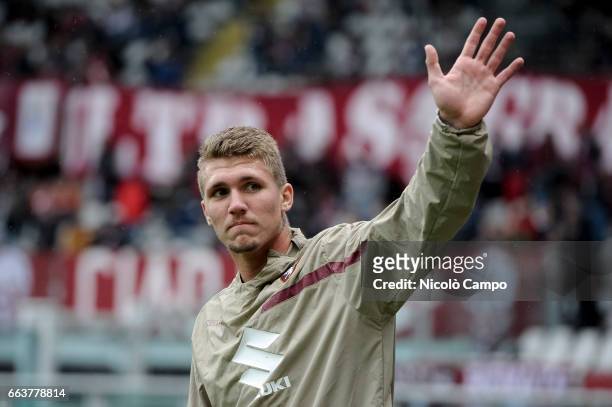 Lyanco of Torino FC greets the supporters before the Serie A football match between Torino FC and Udinese Calcio. Lyanco arrived from Sao Paulo FC.