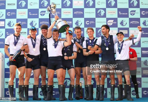 The Oxford men's crew celebrate winning The Cancer Research UK Boat Race on April 2, 2017 in London, England.