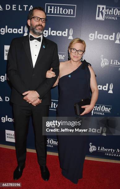 Artist Eric White and honoree/actress Patricia Arquette attend the 28th Annual GLAAD Media Awards in LA at The Beverly Hilton Hotel on April 1, 2017...