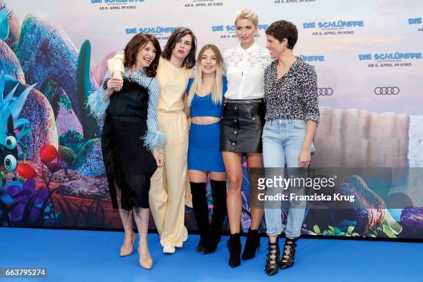 Iris Berben, Nora Tschirner, Bianca Heinicke, Lena Gercke and Jasmin Gerat attend 'Die Schluempfe - Das verlorene Dorf' Berlin Premiere at Sony...
