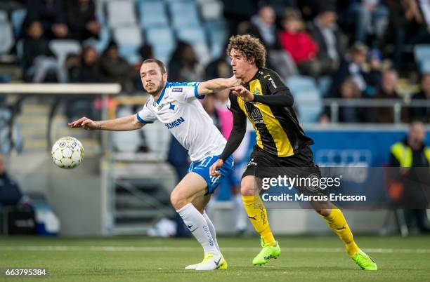 Jon Gudni Fjoluson of IFK Norrkoping and Romulo Pereira Pinto of Hammarby IF during the Allsvenskan match between IFK Norrkoping and Hammarby IF on...