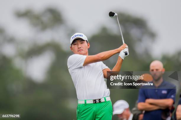 Golfer Sung Kang plays his shot from the third tee during the Shell Houston Open on April 02, 2017 at Golf Club of Houston in Humble, TX.