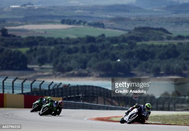 Roberto Rolfo , Kyle Ryde and Michael Canducci race during 2017 Supersport World Championship's 3rd Leg at the Aragon track in Alcaniz, Spain on...