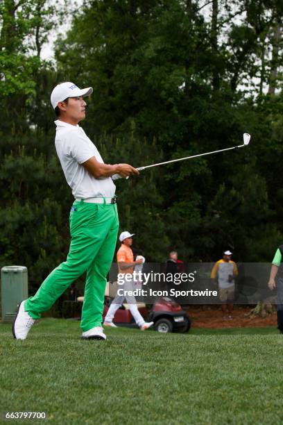 Golfer Sung Kang plays his shot from the second rough during the Shell Houston Open on April 02, 2017 at Golf Club of Houston in Humble, TX.