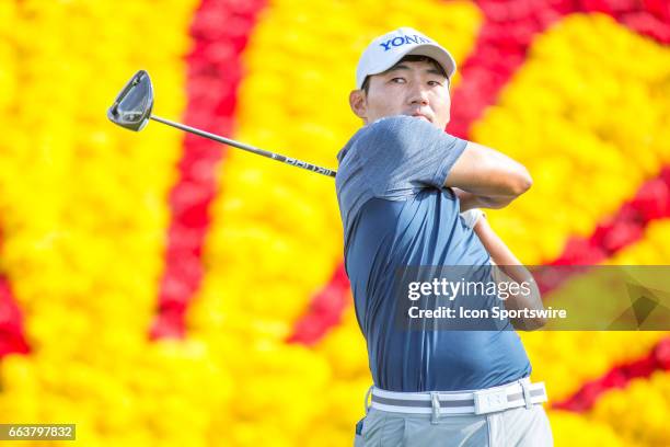 Golfer Sung Kang plays his shot from the 18th tee during the Shell Houston Open on April 01 at the Golf Club of Houston in Humble, TX.