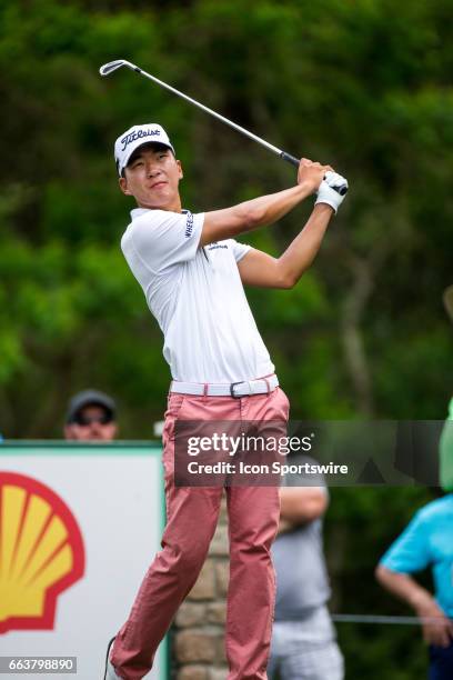 Golfer Michael Kim looks on after his shot from the 14th tee during the Shell Houston Open on April 01 at the Golf Club of Houston in Humble, TX.