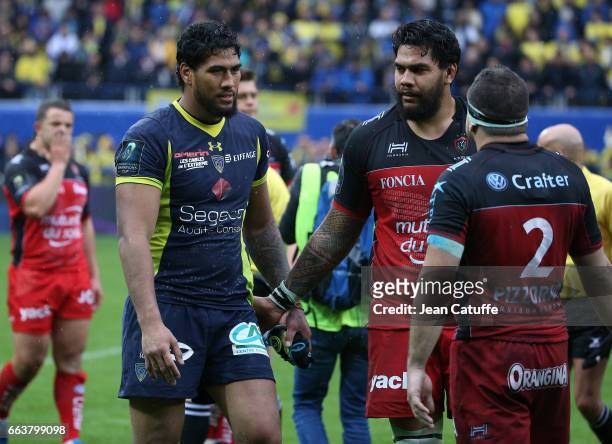 Sebastien Vahaamahina of ASM Clermont, Romain Taofifenua of RC Toulon following the European Rugby Champions Cup quarter final match between ASM...