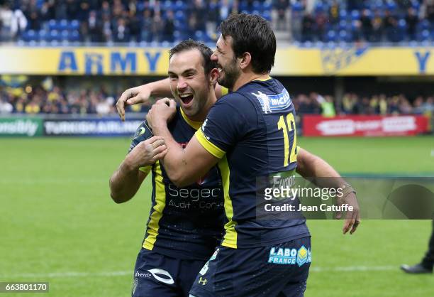Morgan Parra, Remi Lamerat of ASM Clermont celebrate the victory following the European Rugby Champions Cup quarter final match between ASM Clermont...
