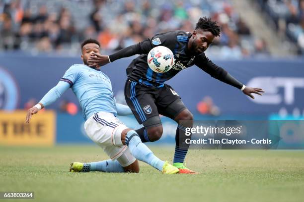April 12: Simon Dawkins of San Jose Earthquakes is challenged by Ethan White of New York City FC during the New York City FC Vs San Jose Earthquakes...