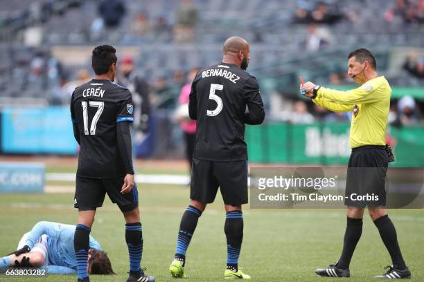 April 12: Victor Bernardez of San Jose Earthquakes is sent off by referee Jorge Gonzalez after a foul on Thomas McNamara of New York City FC during...