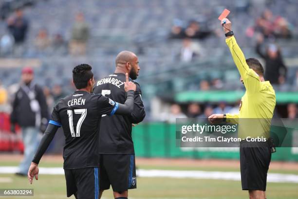 April 12: Victor Bernardez of San Jose Earthquakes is sent off by referee Jorge Gonzalez after a foul on Thomas McNamara of New York City FC during...