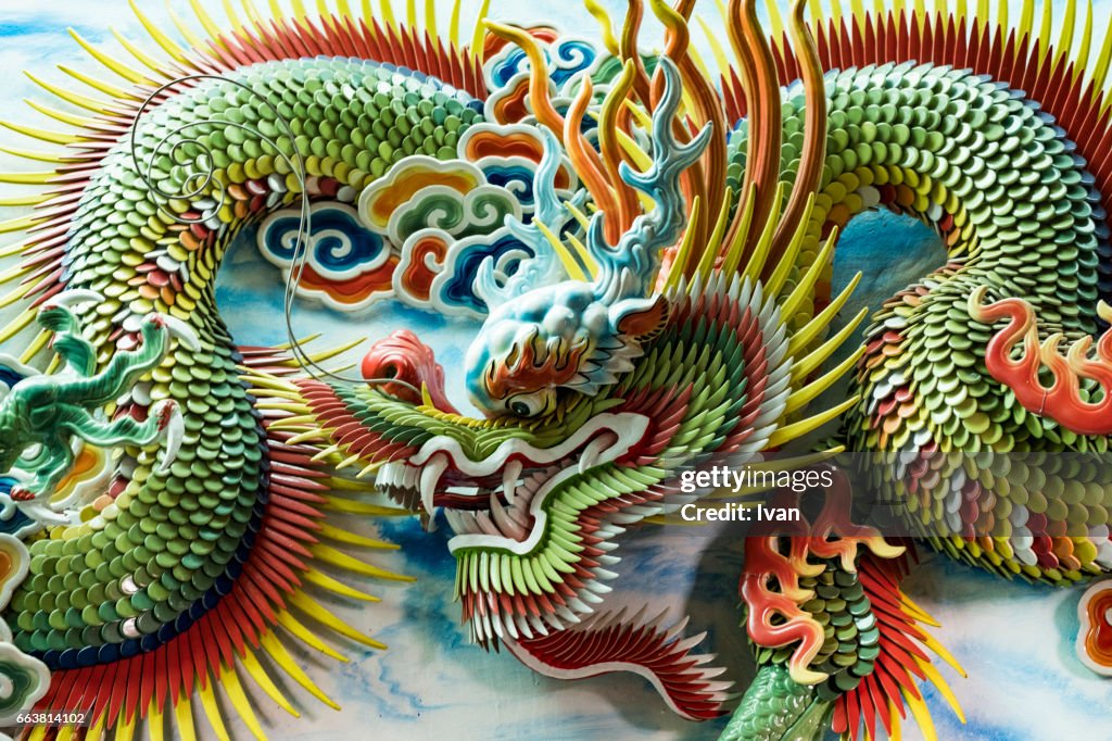 Colorful Dragon Decoration in Traditional Chinese Temple, Buddhist Building