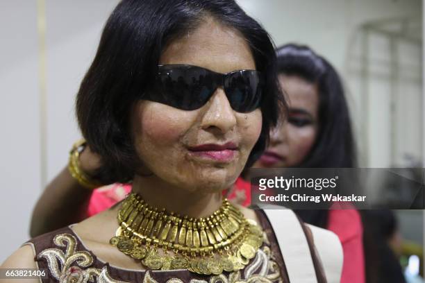Acid attack victims backstage during Walk for Cause, a fashion show with Acid Attack Victims held at Lokhandwala gardens on April 2, 2017 in Mumbai,...