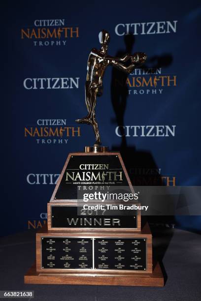 Detailed view of the 2017 Citizen Naismith Trophy during the 2017 Naismith Awards Brunch at the Grayhawk Golf Club on April 2, 2017 in Scottsdale,...
