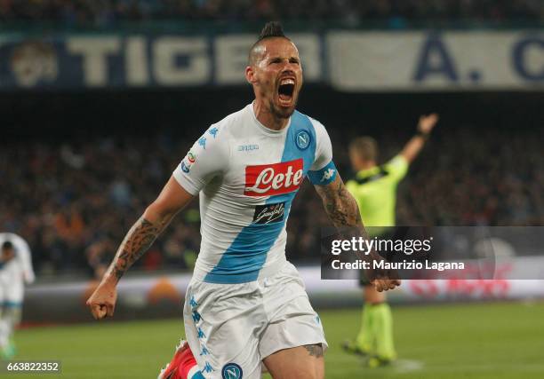 Marek Hamsik of Napoli celebrates the equalizing goal during the Serie A match between SSC Napoli and Juventus FC at Stadio San Paolo on April 2,...