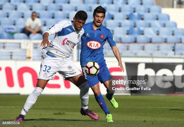 Feirense's defender Flavio Ramos from Brasil with Belenenses's forward Miguel Rosa from Portugal in action during the Primeira Liga match between CF...