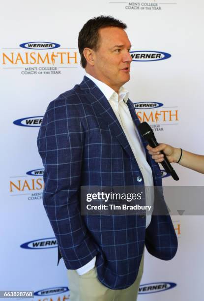 Head coach Bill Self of the Kansas Jayhawks is interviewed during the 2017 Naismith Awards Brunch at the Grayhawk Golf Club on April 2, 2017 in...