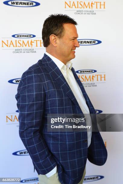 Head coach Bill Self of the Kansas Jayhawks is interviewed during the 2017 Naismith Awards Brunch at the Grayhawk Golf Club on April 2, 2017 in...