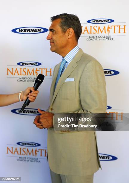 Head coach Jay Wright of the Villanova Wildcats is interviewed during the 2017 Naismith Awards Brunch at the Grayhawk Golf Club on April 2, 2017 in...