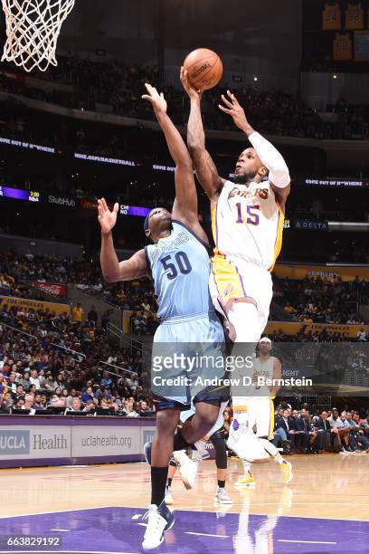 Thomas Robinson of the Los Angeles Lakers shoots the ball against the Memphis Grizzlies on April 2, 2017 at STAPLES Center in Los Angeles,...