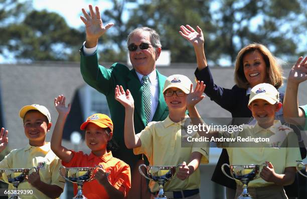 Billy Payne, Chairman of Augusta National Golf Club, is pictured with participants during the Drive, Chip and Putt Championship at Augusta National...