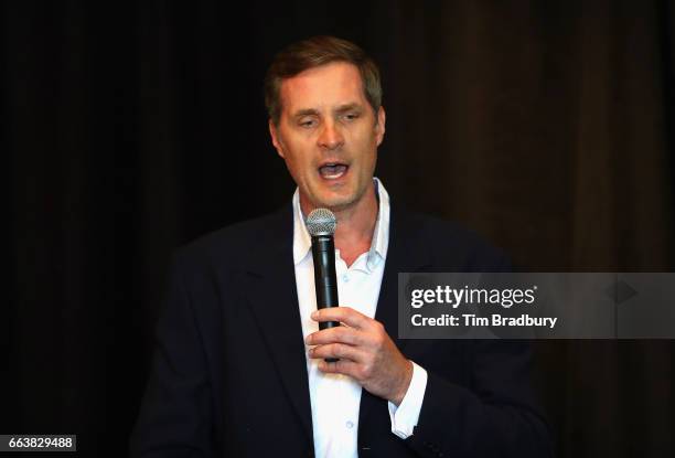 Christian Laettner speaks as he is honored on the 25th anniversary of his Naismith Men's College Player of the Year Award during the 2017 Naismith...