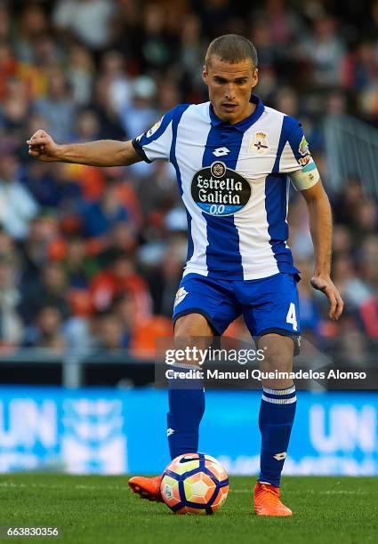 Alex Bergantinos of Deportivo de La Coruna controls the ball during the La Liga match between Valencia CF and Deportivo de La Coruna at Mestalla...